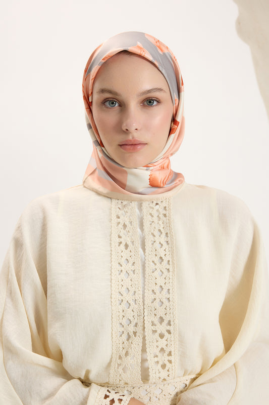 Desenli Twill Eşarp Floral Mercan