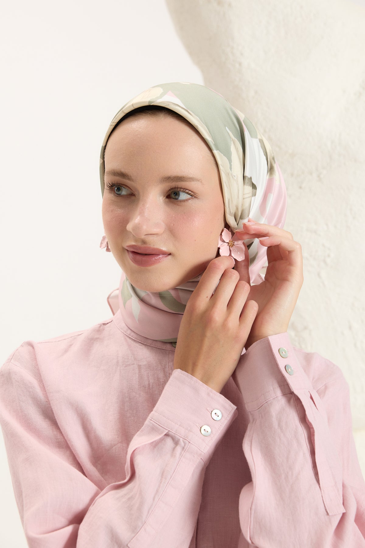 Desenli Twill Eşarp Floral Soft Yeşil