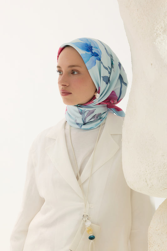 Desenli Twill Eşarp Hera Mavi