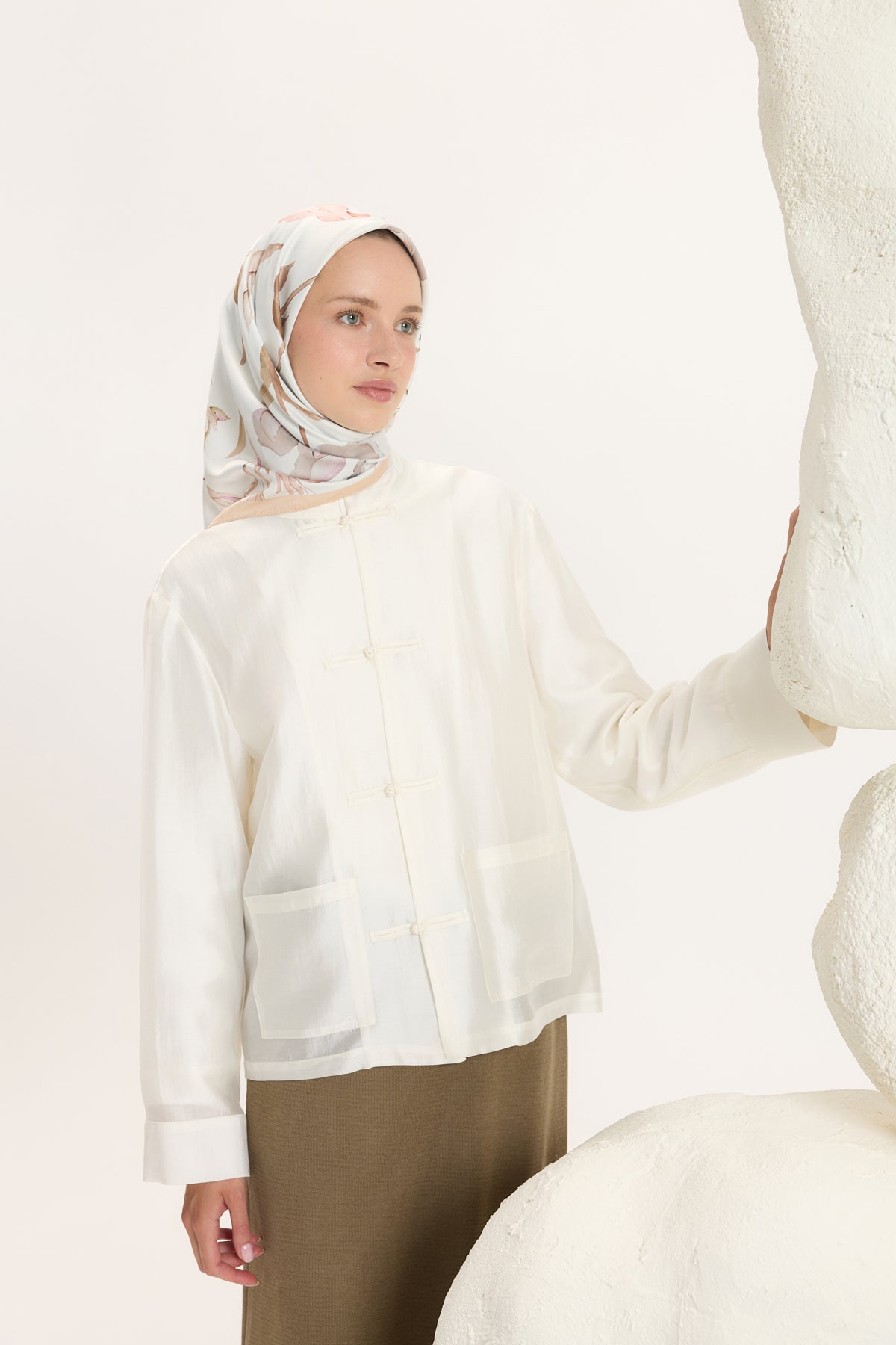 Desenli Twill Eşarp Hera Naturel