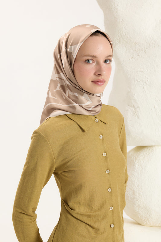 Desenli Twill Eşarp Leaf Bej