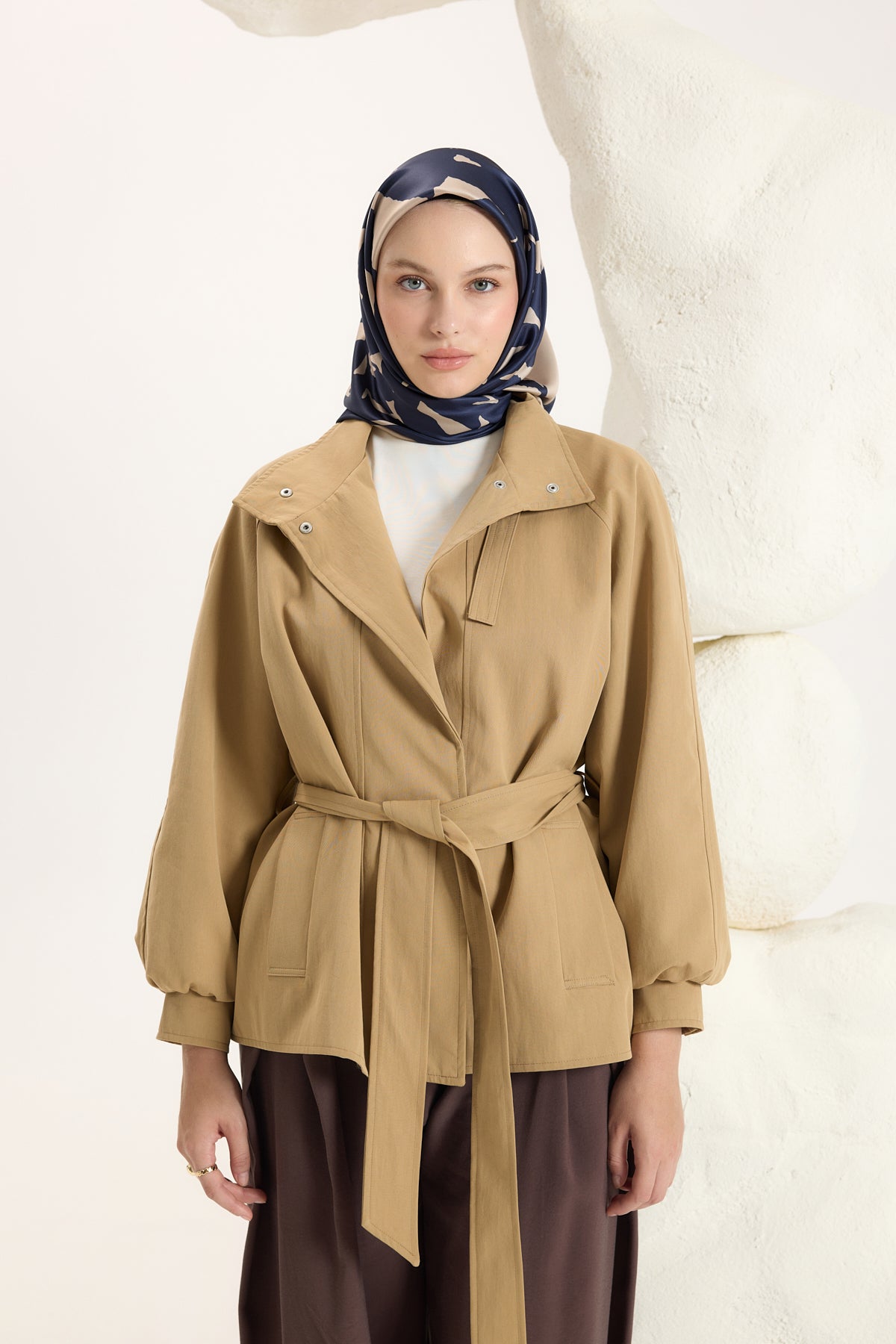 Desenli Twill Eşarp Leaf Lacivert