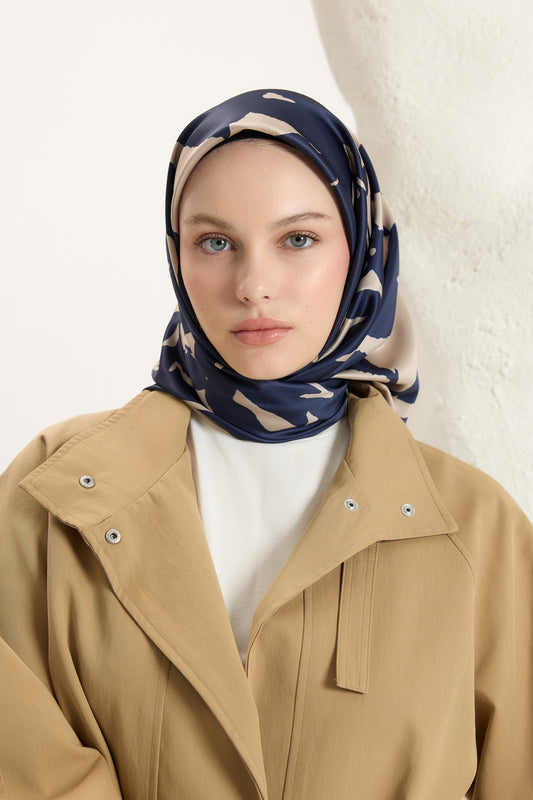 Desenli Twill Eşarp Leaf Lacivert