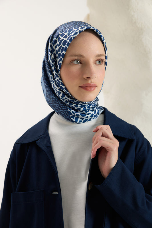 Desenli Twill Eşarp Mix Mavi