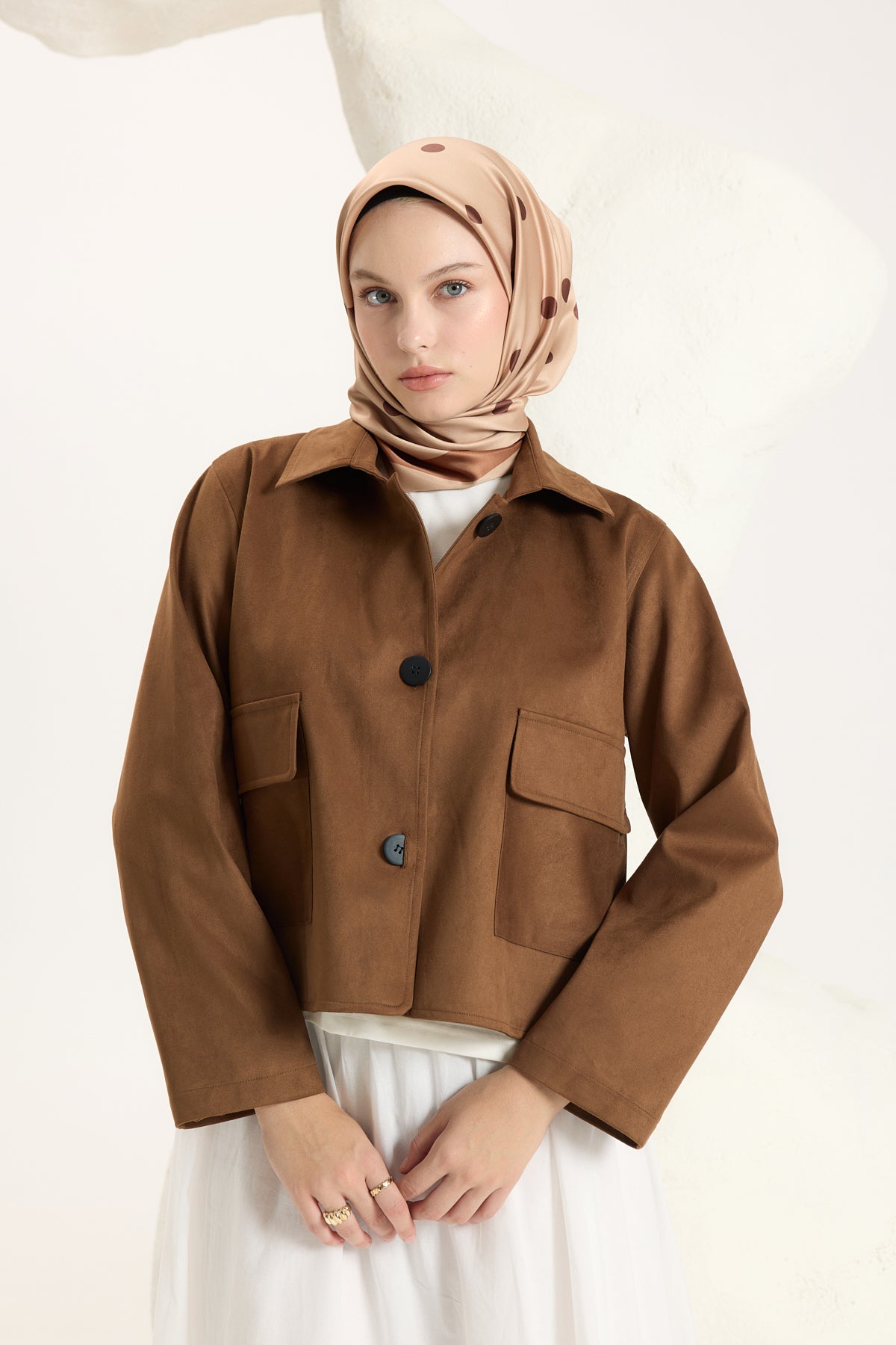 Desenli Twill Eşarp Puantiye Bronz