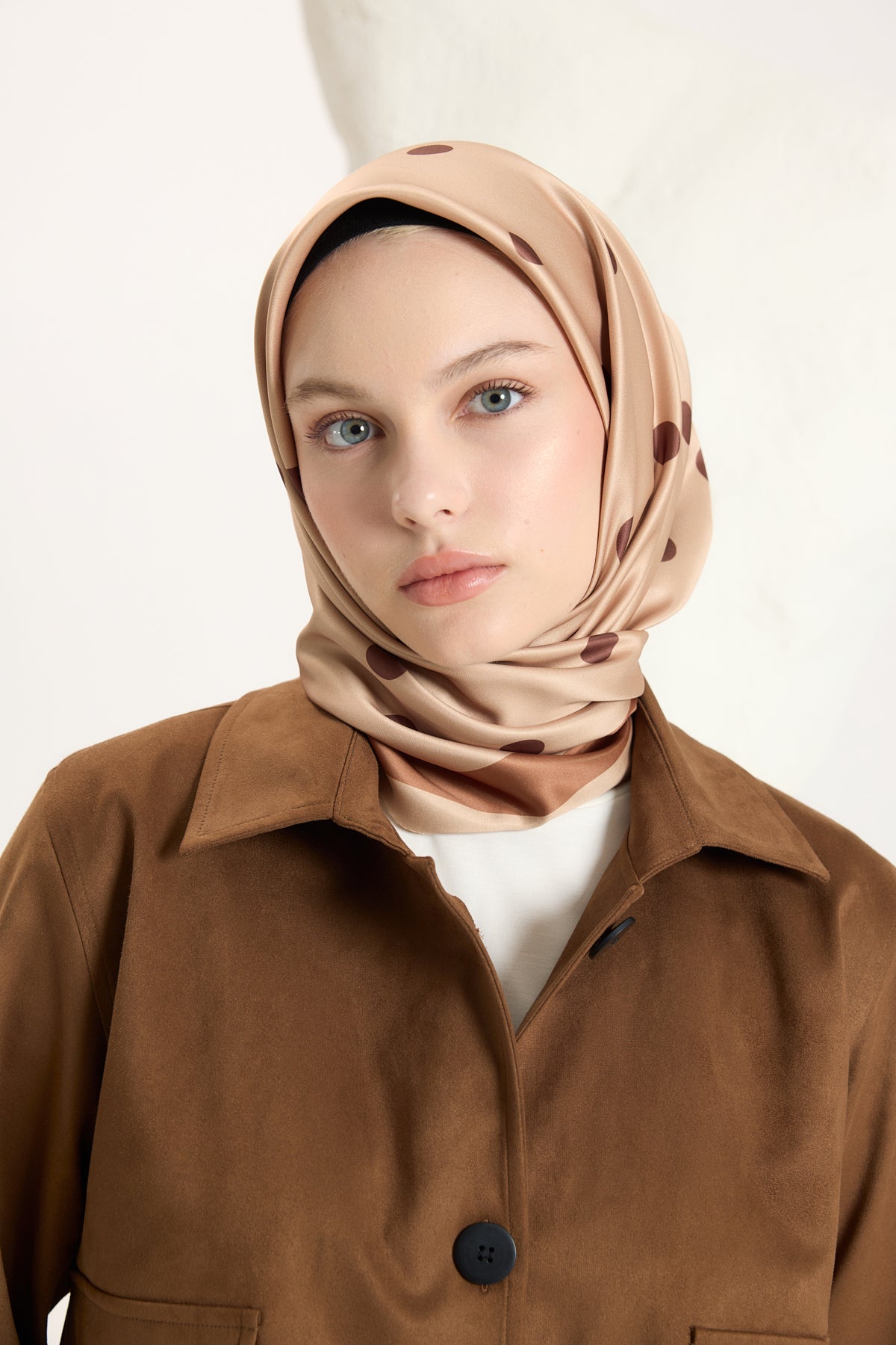 Desenli Twill Eşarp Puantiye Bronz