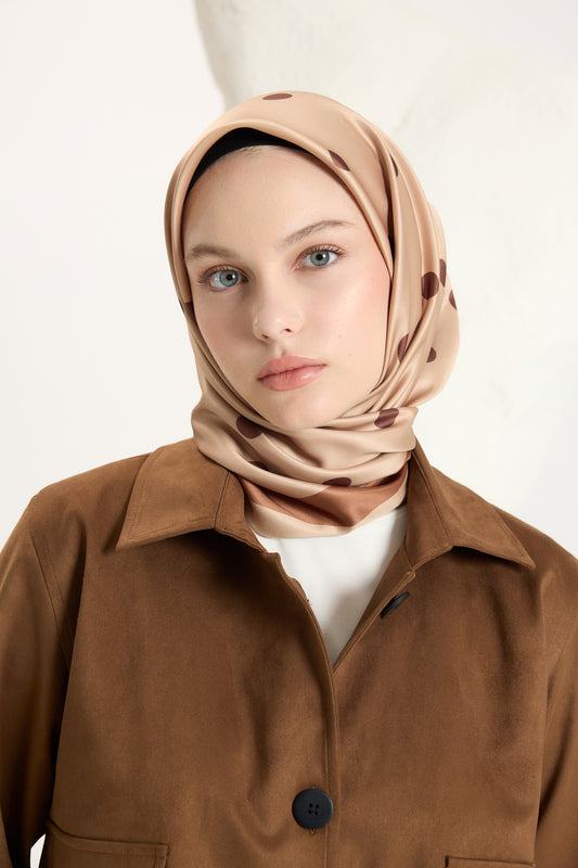 Desenli Twill Eşarp Puantiye Bronz