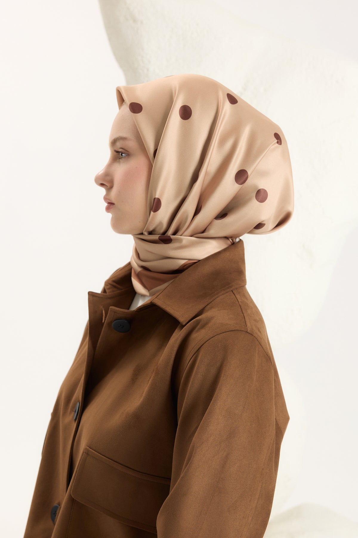 Desenli Twill Eşarp Puantiye Bronz