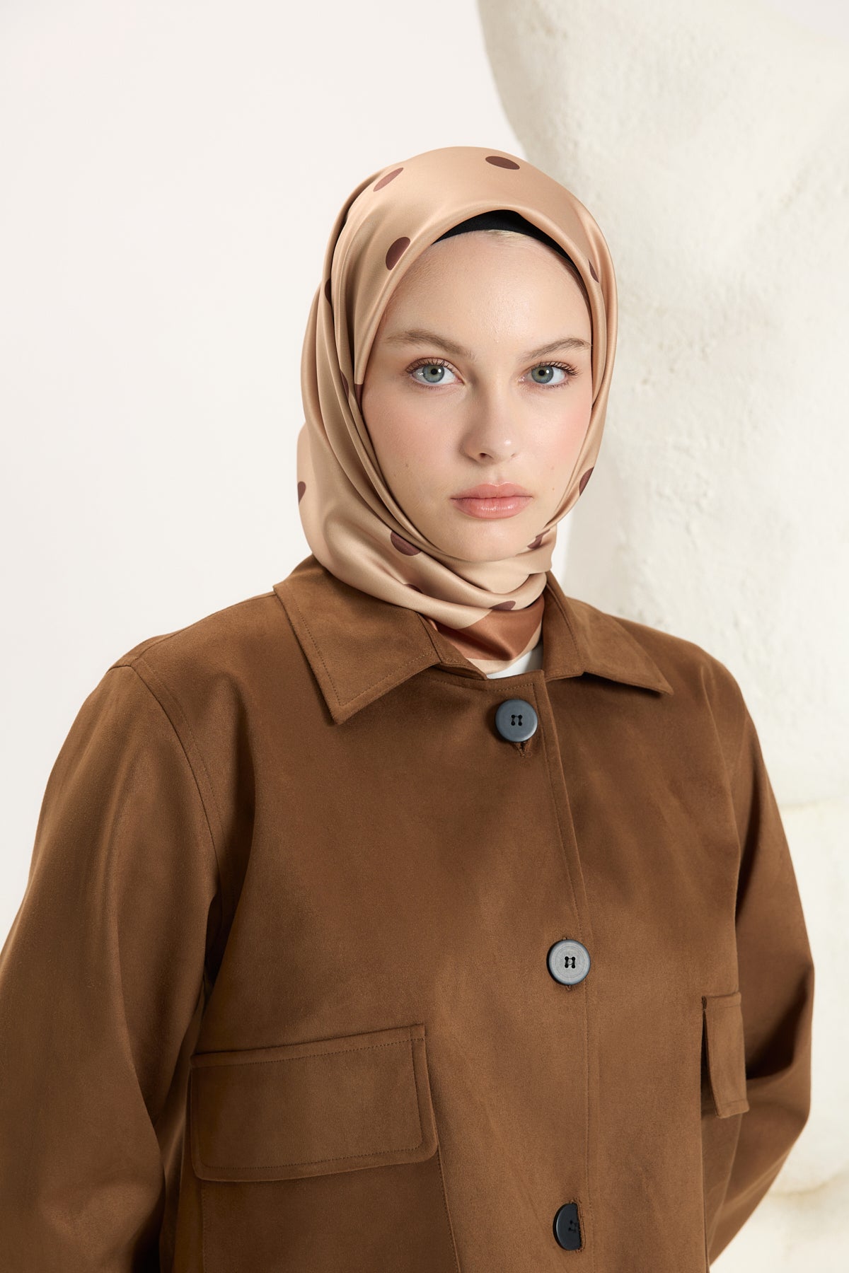 Desenli Twill Eşarp Puantiye Bronz