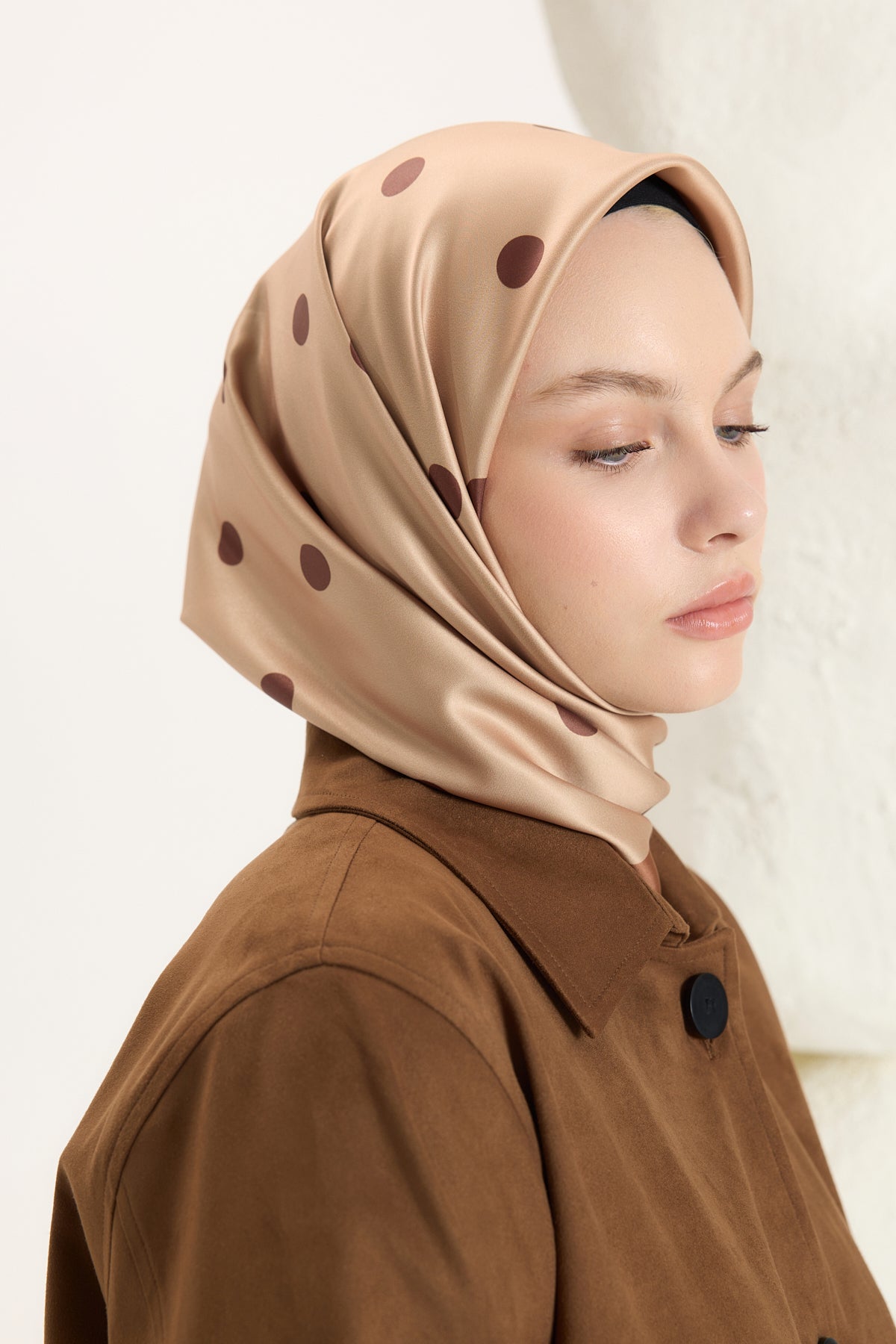 Desenli Twill Eşarp Puantiye Bronz