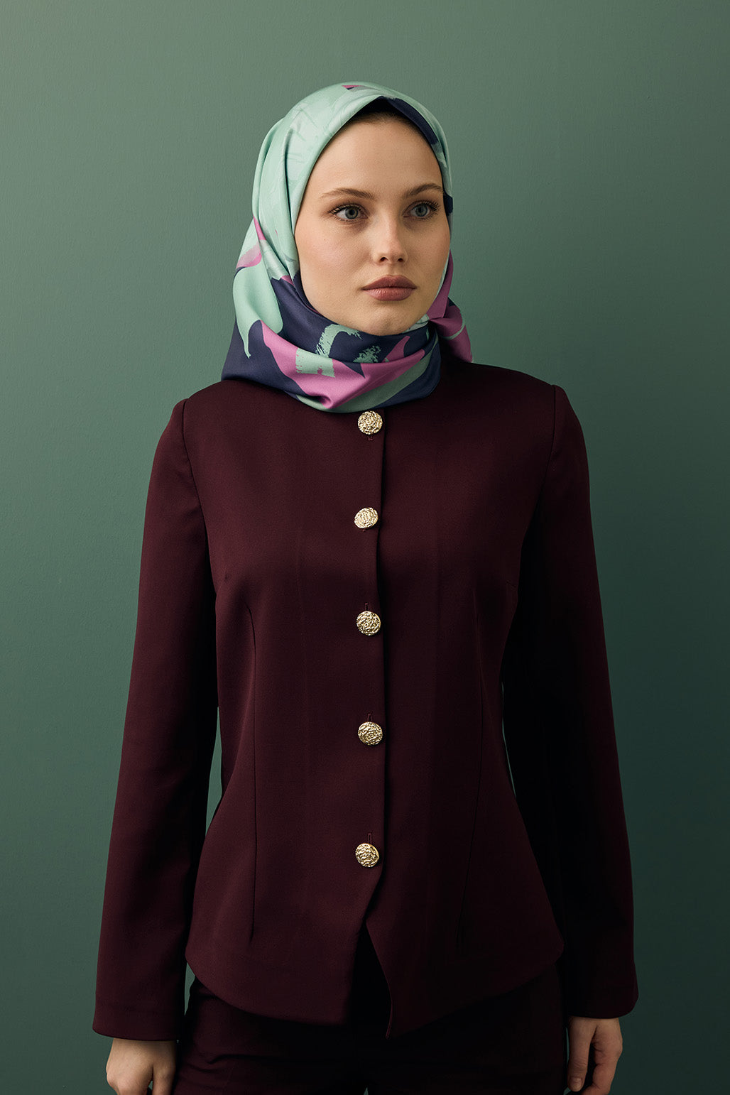 Twill ipek eşarp floral desenli su yeşili renk