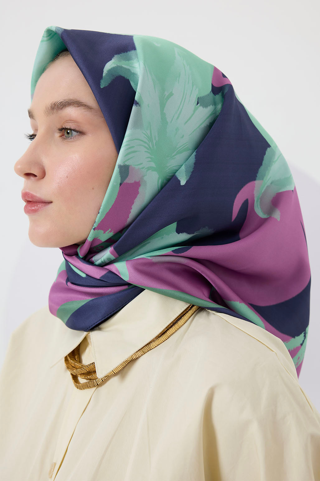 Floral Desenli Twill İpek Eşarp Su Yeşili