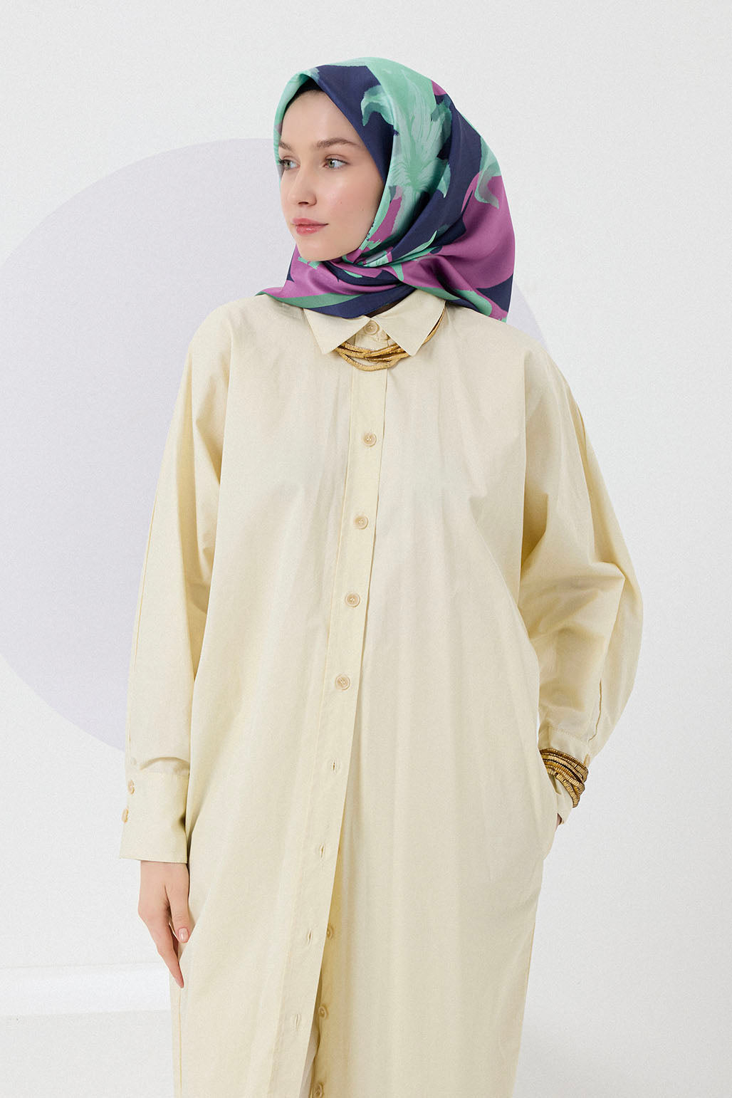 Floral Desenli Twill İpek Eşarp Su Yeşili