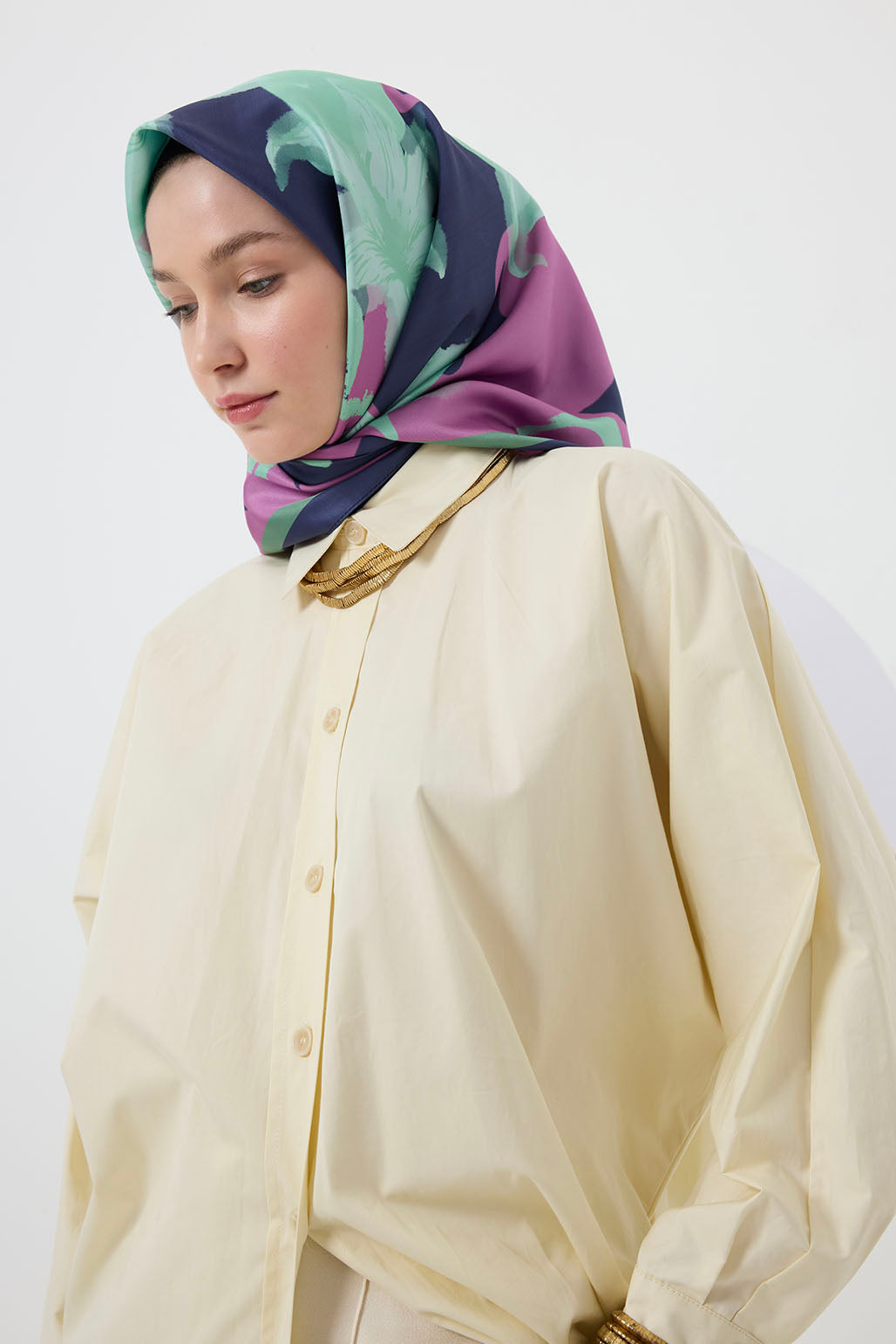 Floral Desenli Twill İpek Eşarp Su Yeşili