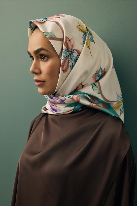 Desenli Twill İpek Eşarp Orkide