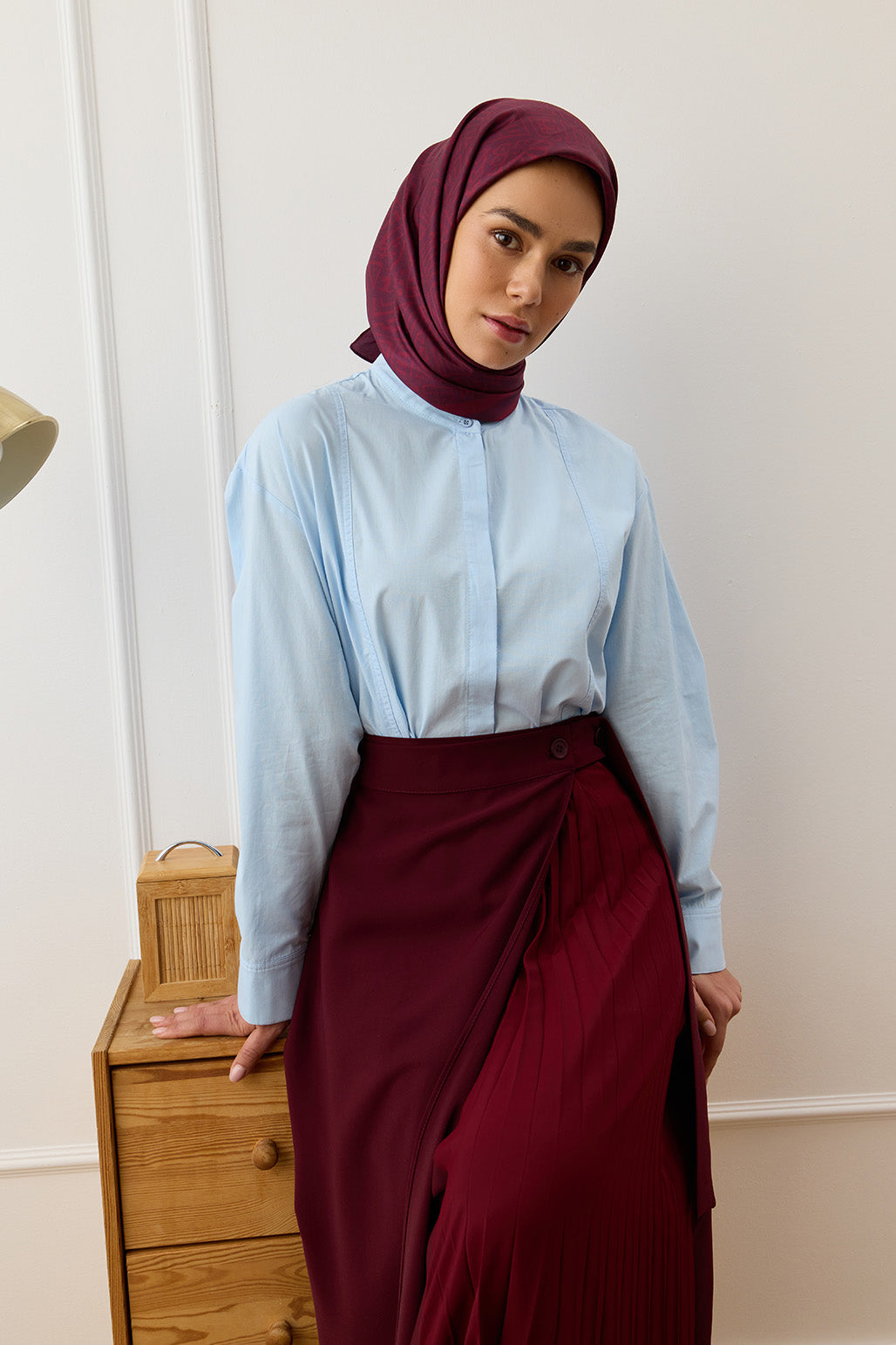 Şık Bordo Twill İpek Eşarp Tina Desen