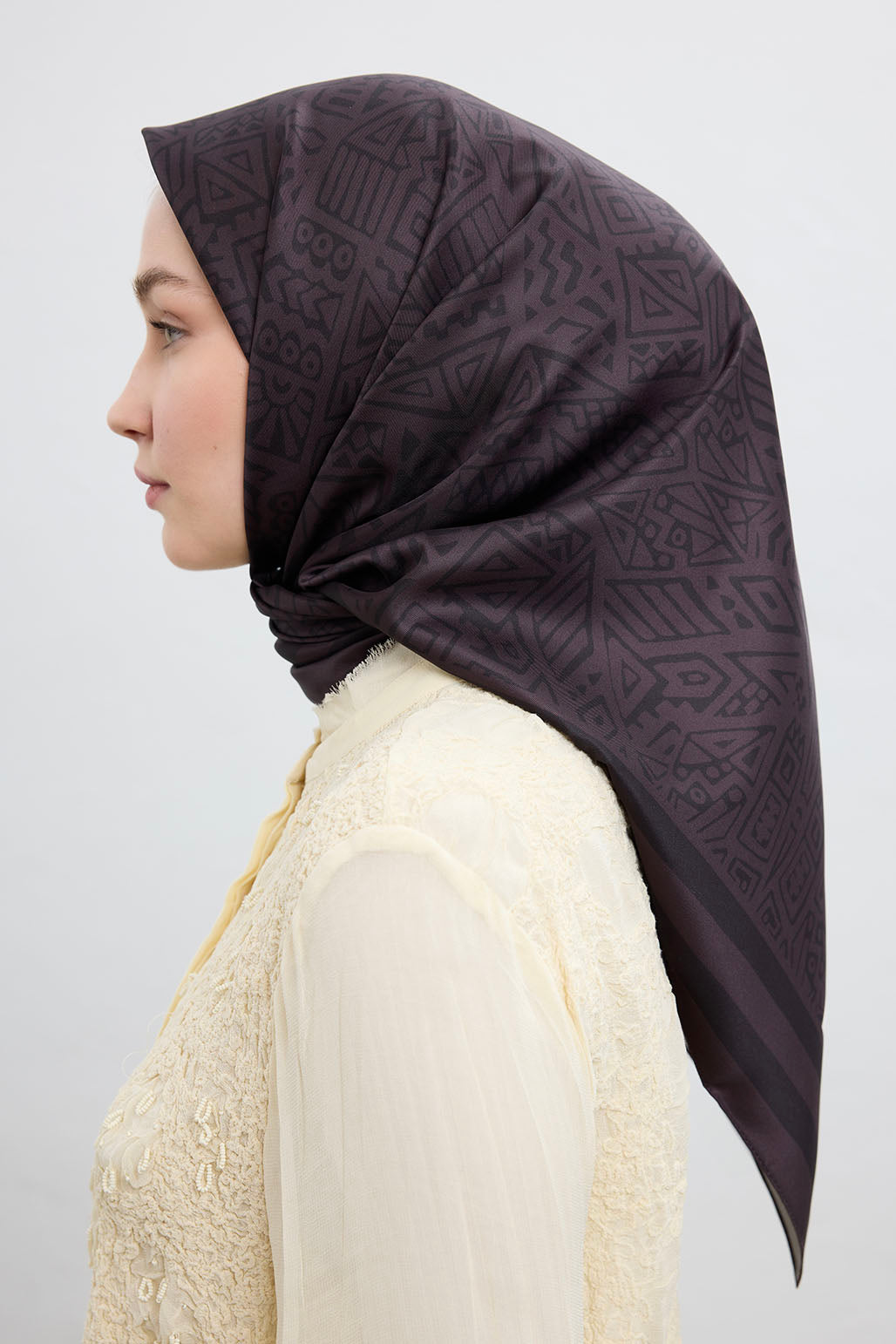 Desenli Twill İpek Eşarp Kahverengi